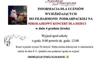 MIKOŁAJKOWY KONCERT DLA DZIECI – informacje dla uczniów: