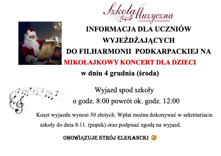 MIKOŁAJKOWY KONCERT DLA DZIECI – informacje dla uczniów: